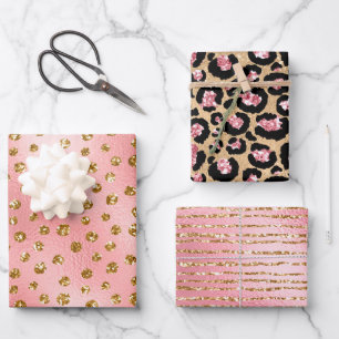 Hoja De Papel De Regalo Elegante rosa dorado brillo cheetah leopardo negro