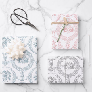 Hoja De Papel De Regalo Elegante rosa, gris y azul sobre floral con grabad