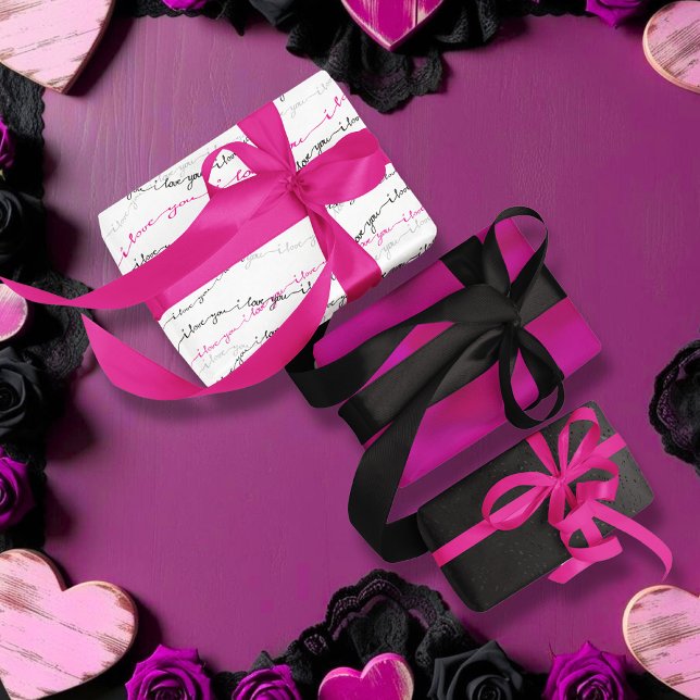 Hoja De Papel De Regalo Elegante rosa, negro, y te amo San Valentín (Elegant Pink, Black, and I Love You Valentine's Wrapping Paper Sheets)