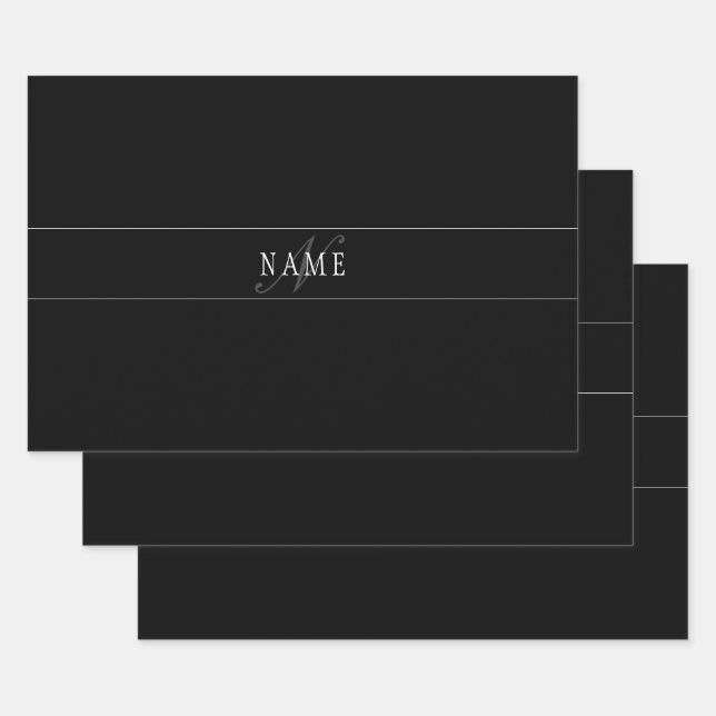 Hoja De Papel De Regalo Elegante Script Monograma Editable Blanco Gris Neg (Set)