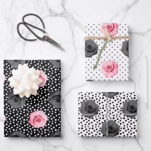 Hoja De Papel De Regalo Elegante Shabby Chic Rosas Rosadas y Negras Rayas