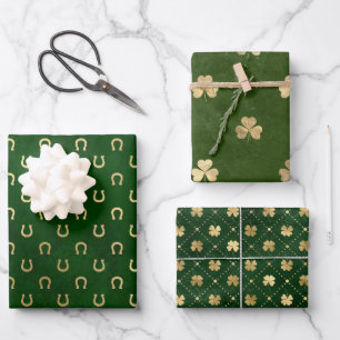 Hoja De Papel De Regalo Elegante Shamrock Verde y Dorado Día de San Patric