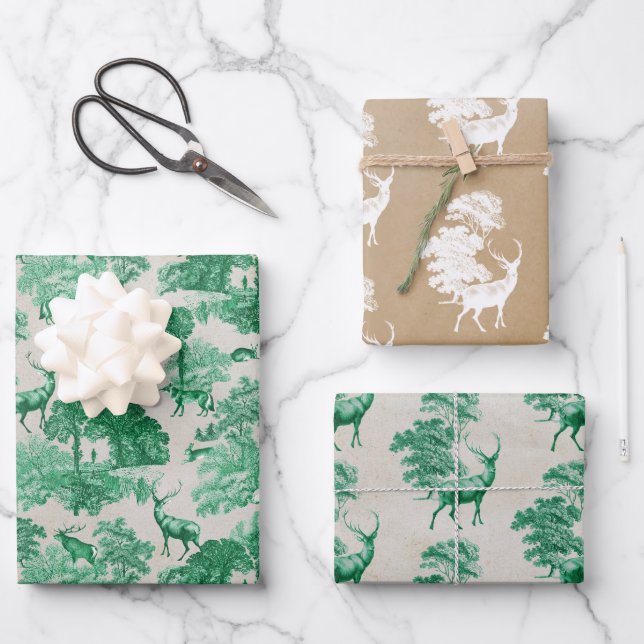 Hoja De Papel De Regalo Elegante venado Kraft Green Country Toile Deer (Anverso)