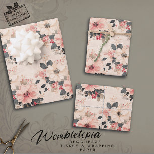 Hoja De Papel De Regalo Elegante Vintage Christmas Floral & Berries Pink