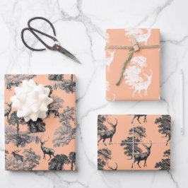 Hoja De Papel De Regalo Elegante Vintage Peach Black White Toile Deer Wood