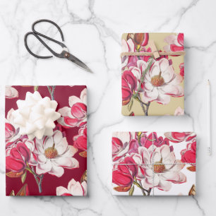 Hoja De Papel De Regalo Elegante Vintage Pink Magnolia Oro Borgoña Blanco