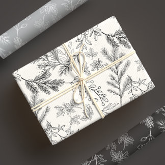 Hoja De Papel De Regalo Elegantes botánicos de invierno monocromos en blan