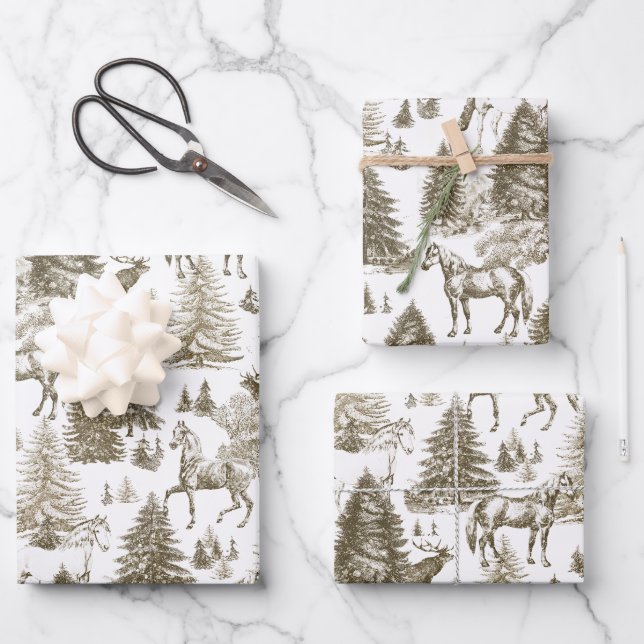 Hoja De Papel De Regalo Elegantes caballos blancos de época en tela de bos (Anverso)