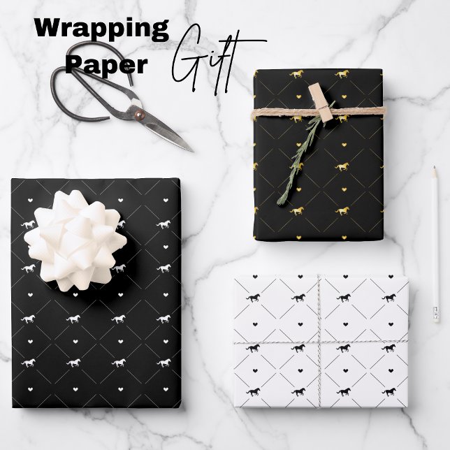 Hoja De Papel De Regalo Elegantes caballos blancos de oro negro (Elegant White Black Gold Horses Wrapping Paper Sheets)