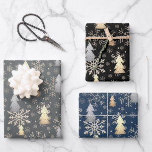 Hoja De Papel De Regalo Elegantes copos de nieve de árbol de Navidad dorad