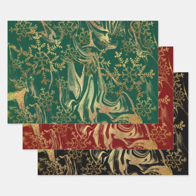 Hoja De Papel De Regalo Elegantes copos de nieve de mármol dorado (Set)