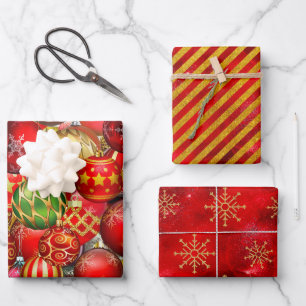 Hoja De Papel De Regalo Elegantes fiestas de adornos navideños de oro rojo