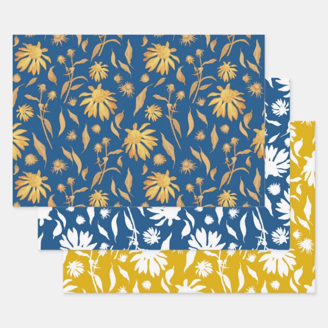 Hoja De Papel De Regalo Elegantes flores dibujadas a mano azul amarillo (Set)