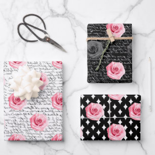 Hoja De Papel De Regalo Elegantes franjas de Rosas chic rosado y negro de 