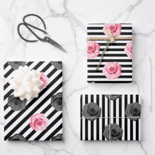Hoja De Papel De Regalo Elegantes franjas de Rosas chic rosado y negro de 