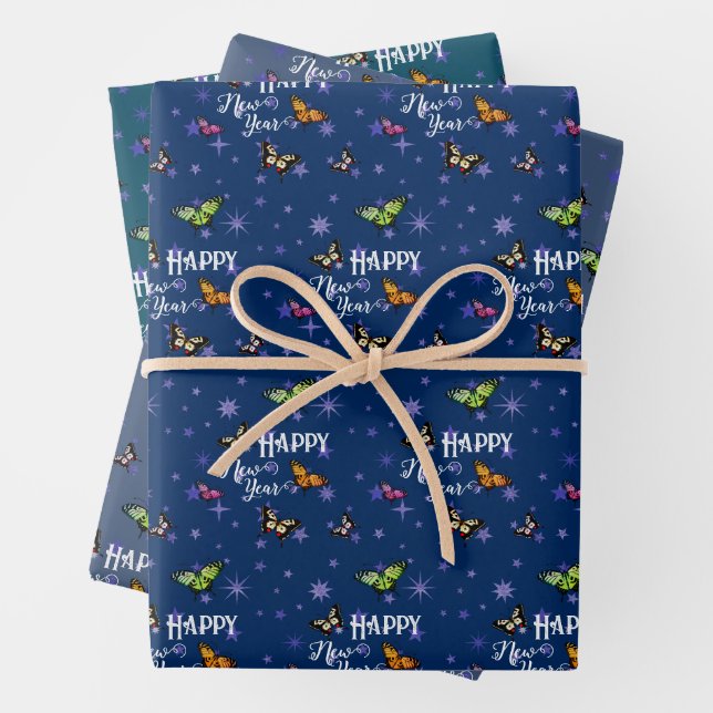 Hoja De Papel De Regalo Elegantes mariposas y estrellas de época Feliz Año (In situ)