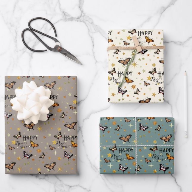 Hoja De Papel De Regalo Elegantes mariposas y estrellas de época Feliz Año (Anverso)