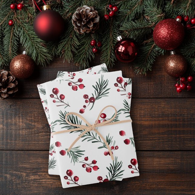 Hoja De Papel De Regalo Elegantes Navidades acuarela Rustic Pine Bough (Elegant Christmas Watercolor Rustic Pine Bough Wrapping Paper Sheets)