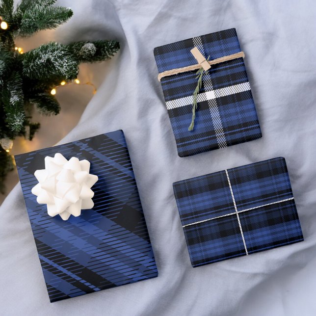Hoja De Papel De Regalo Elegantes Navidades azules con estampado de franel (Elegant blue Christmas flannel plaid pattern Wrapping Paper Sheets)
