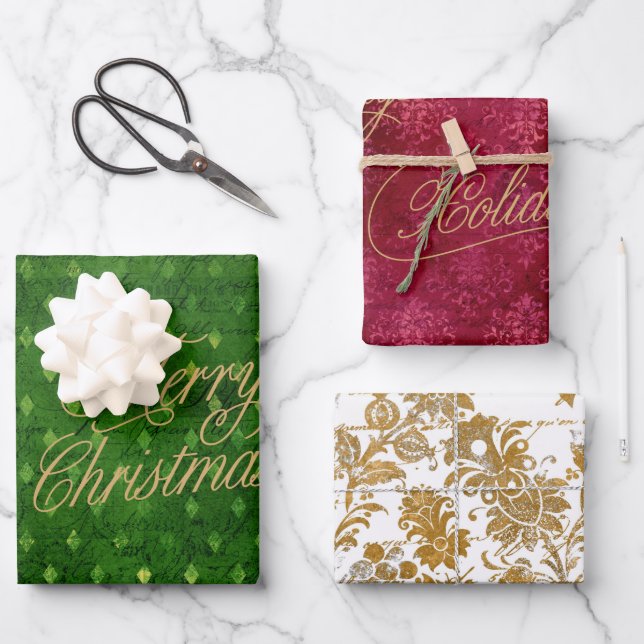 Hoja De Papel De Regalo Elegantes Navidades de Damasco de Relieve metaliza (Anverso)