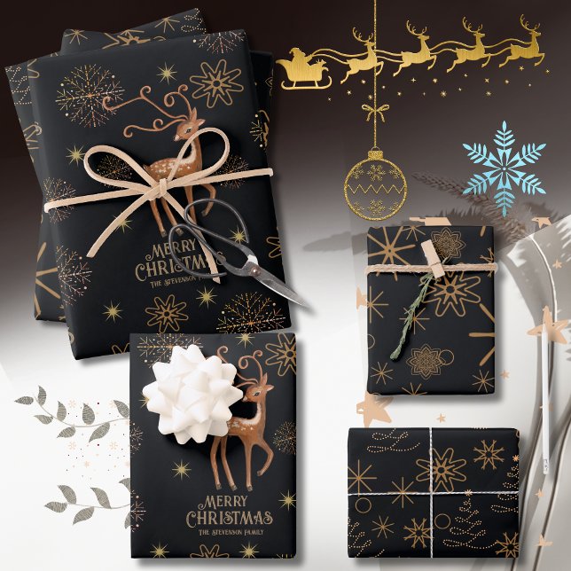 Hoja De Papel De Regalo Elegantes Navidades de Personalizados de ciervos n (Elegant Black & Gold Deer Custom Christmas Wrapping Paper Sheets)