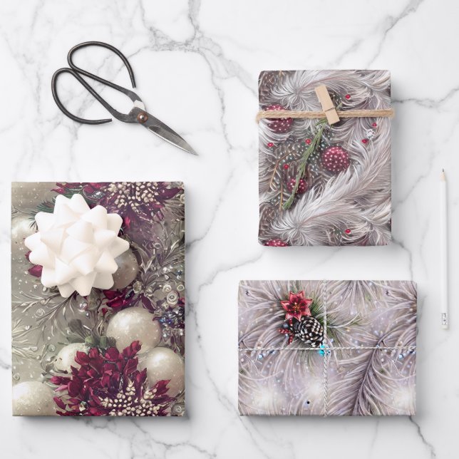 Hoja De Papel De Regalo Elegantes Navidades de plumas rojas y blancas (Anverso)