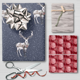 Hoja De Papel De Regalo Elegantes Navidades de renos nevados azules y gris