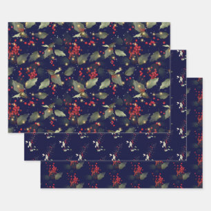 Hoja De Papel De Regalo Elegantes Navidades Holly Berry Eucalyptus Red Gol
