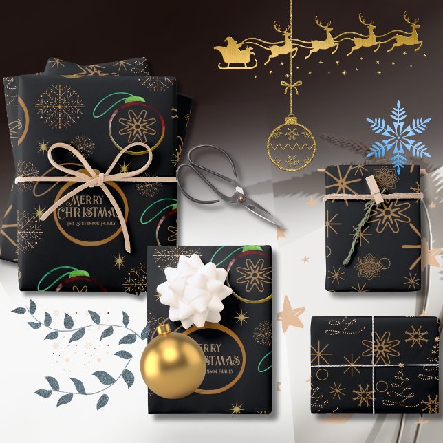 Hoja De Papel De Regalo Elegantes Navidades personalizados en negro y oro (Elegant Black & Gold Personalized Christmas Wrapping Paper Sheets)