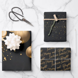 Hoja De Papel De Regalo Elegantes Navidades Personalizados negros y dorado