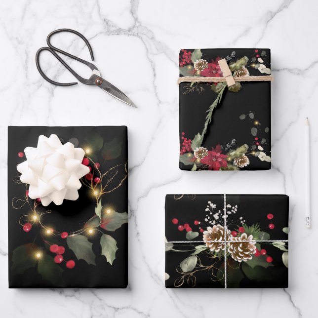 Hoja De Papel De Regalo Elegantes Navidades Poinsettia Holly Eucalyptus Pi (Anverso)