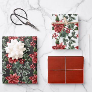 Hoja De Papel De Regalo Elegantes Navidades Poinsettias Variedad