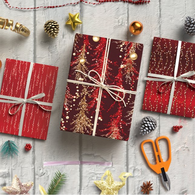 Hoja De Papel De Regalo Elegantes Navidades rojos conjuntos de 3 (Elegant Red Christmas set of 3 Wrapping Paper Sheet)