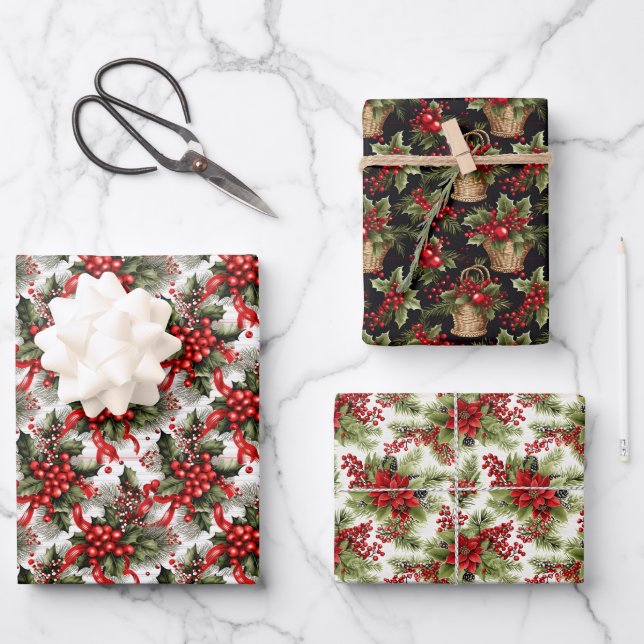 Hoja De Papel De Regalo Elegantes Navidades Rojos y Verdes (Anverso)