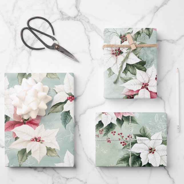 Hoja De Papel De Regalo Elegantes Navidades rosados blancos Poinsettias (Anverso)