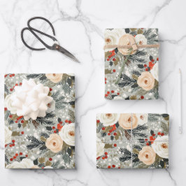 Hoja De Papel De Regalo Elegantes Navidades Rosas Blancas y Berry Invierno