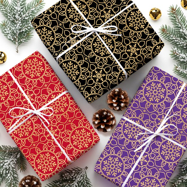 Hoja De Papel De Regalo Elegantes Navidades Snowflake Faux Gold Purple Set (Subido por el creador)