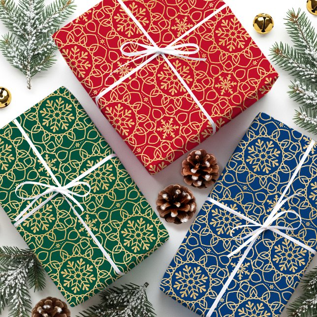 Hoja De Papel De Regalo Elegantes Navidades Snowflake Faux Gold Red Set (Subido por el creador)