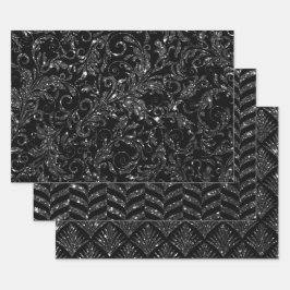 Hoja De Papel De Regalo Elegantes patrones brillantes en negro y plata