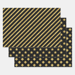 Hoja De Papel De Regalo Elegantes patrones de brillo negros y dorados