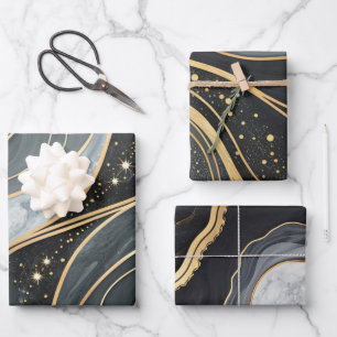 Hoja De Papel De Regalo Elegantes patrones de mármol con brillo negro y do