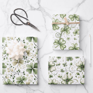 Hoja De Papel De Regalo Elegantes patrones de tréboles de acuarela verde