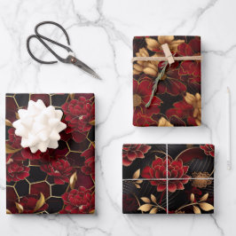 Hoja De Papel De Regalo Elegantes Patrones Florales de Mármol Rojos, Negro