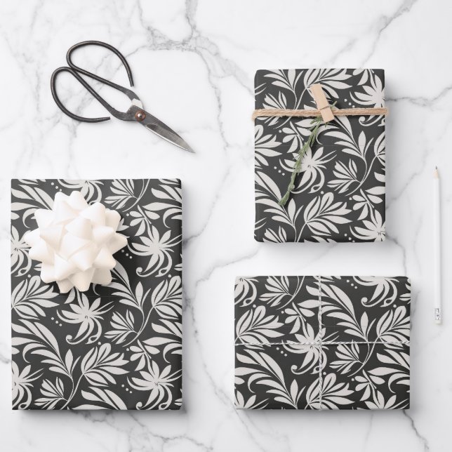 Hoja De Papel De Regalo Elegantes plantas hierbas Patrón Floral Blanco neg (Anverso)