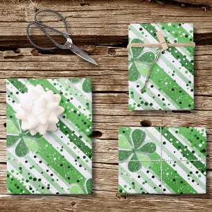Hoja De Papel De Regalo Elegantes Rayas Blancas y Verdes con Brillo de Tré