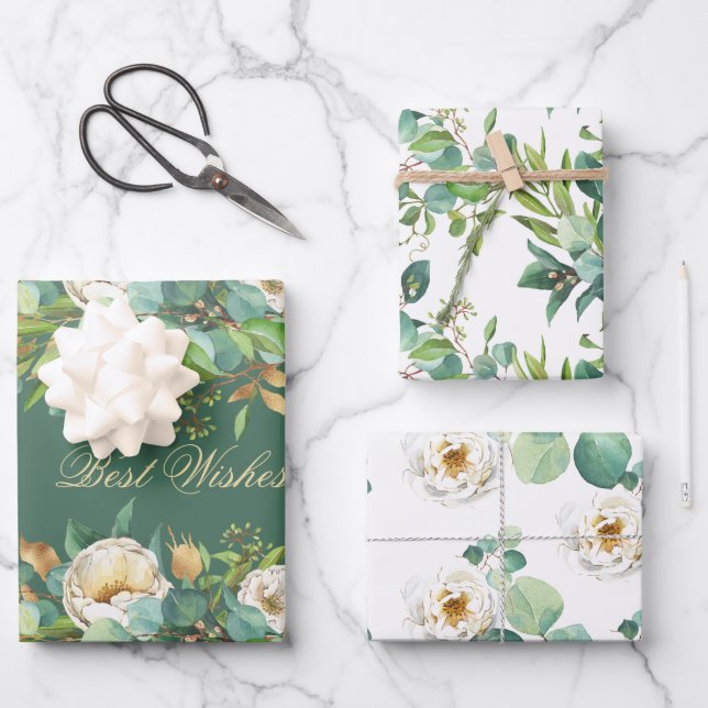 Hoja De Papel De Regalo Elegantes Rosas acuáticos con eucalipto (Anverso)