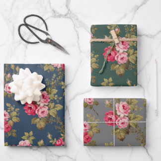 Hoja De Papel De Regalo Elegantes Rosas de color rosa sobre azul/verde/gri