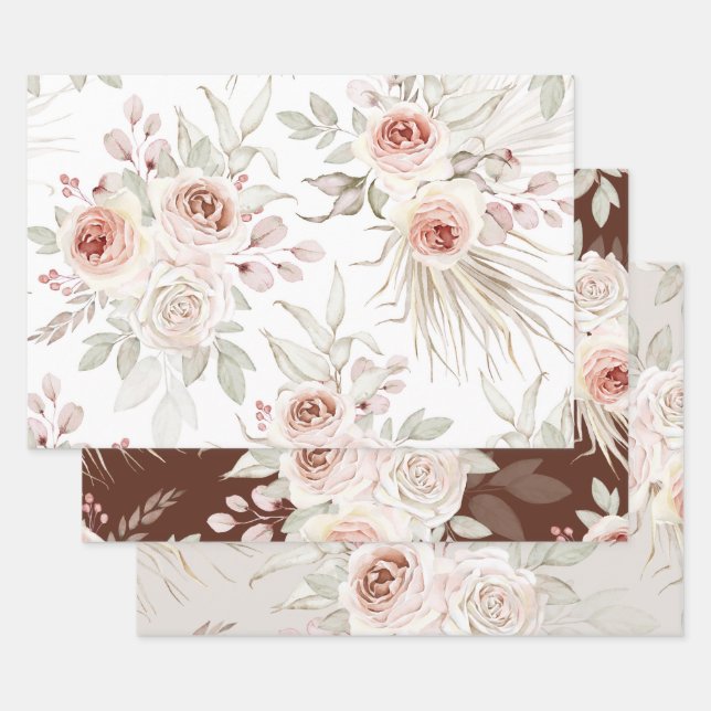 Hoja De Papel De Regalo Elegantes Rosas florales de marfil rosa (Set)