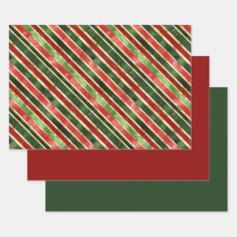 Hoja De Papel De Regalo Elegantes Stripes Navidades Gold Red Green