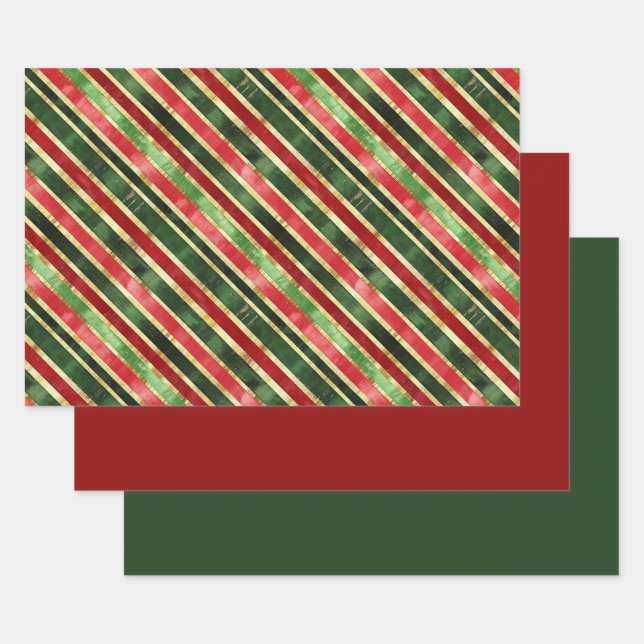 Hoja De Papel De Regalo Elegantes Stripes Navidades Gold Red Green (Set)